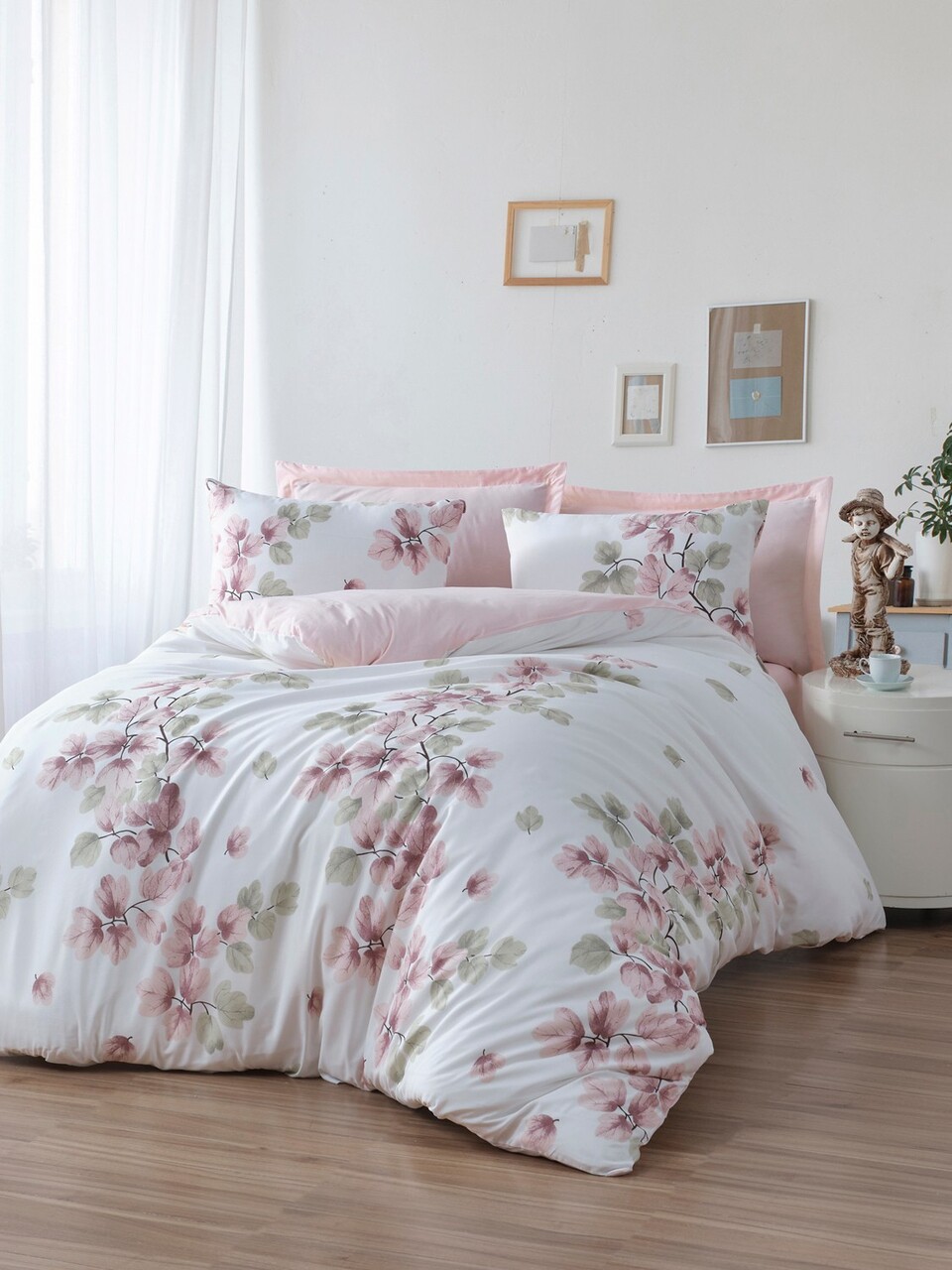 Lenjerie de pat dubla, Spring - White, EnLora Home, 65% bumbac/35% poliester