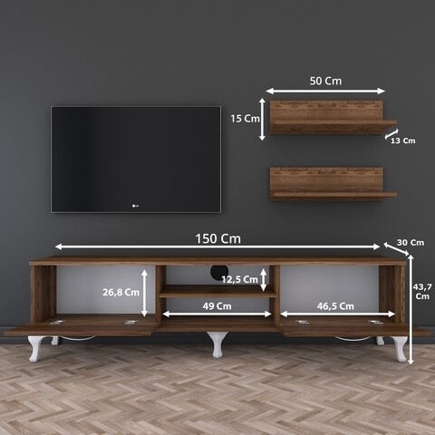 Comoda TV cu 2 rafturi de perete A4 - 182, Wren, 150 x 30 x 43.7 cm/50 x 15 x 13 cm, walnut