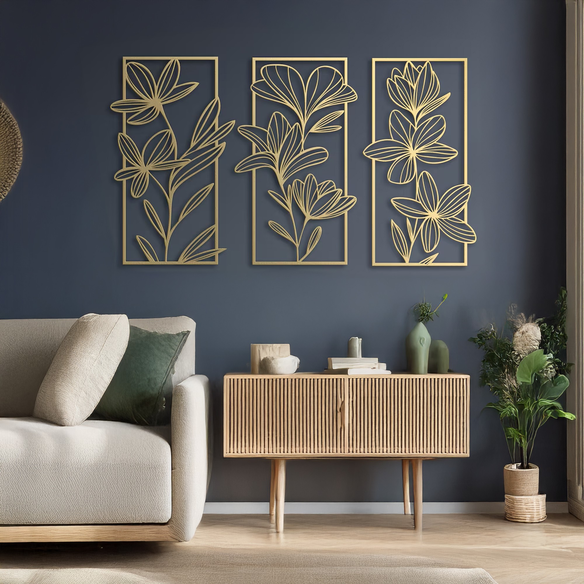 Set de accesorii decorative de perete din metal, DCV-1114-MT, Dimensiune: 30 x 50 cm (3 bucăți), Auriu