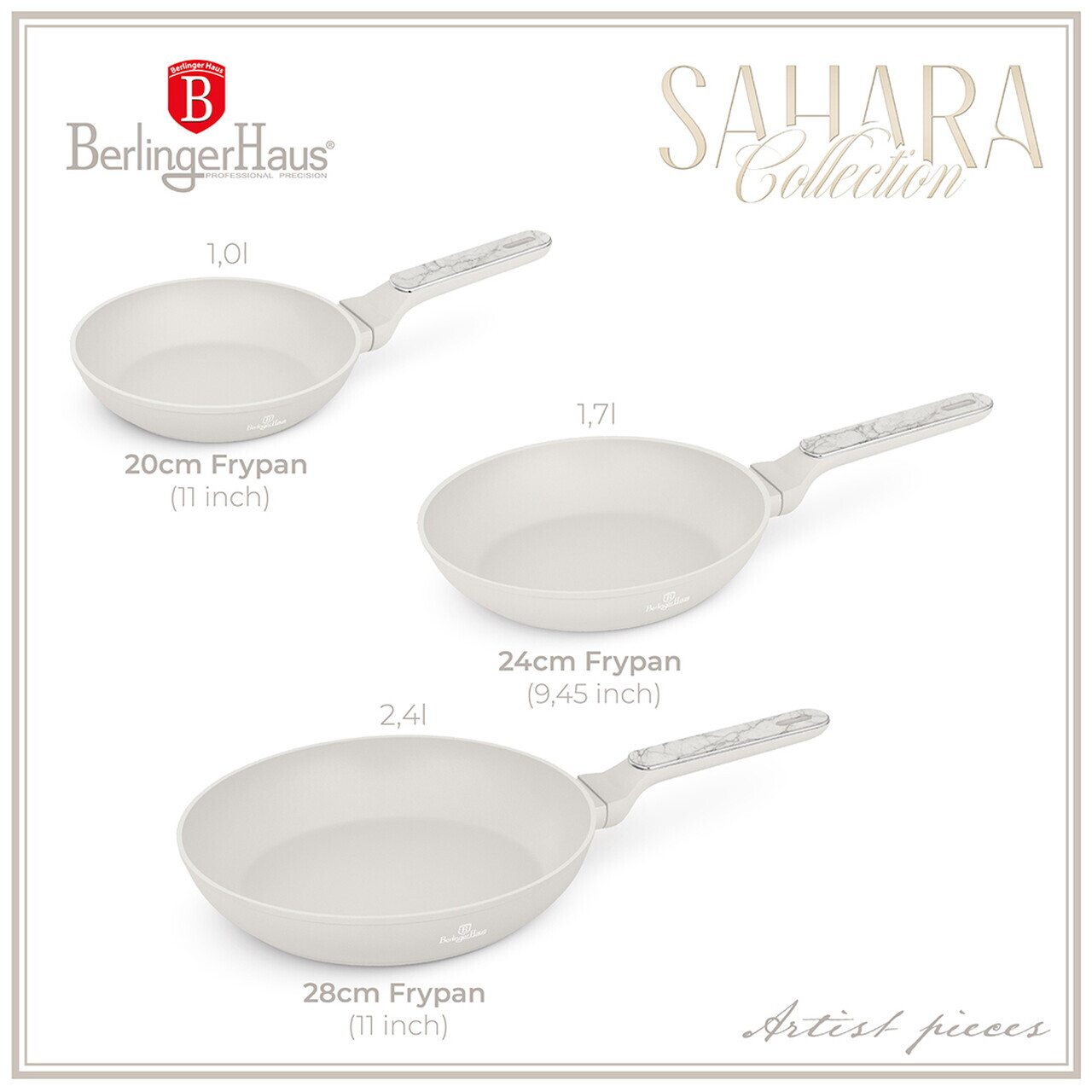 Set 3 tigai Berlinger Haus, Sahara Marble, 20/24/28 cm, aluminiu forjat, crem mat/marmura - imagine 4