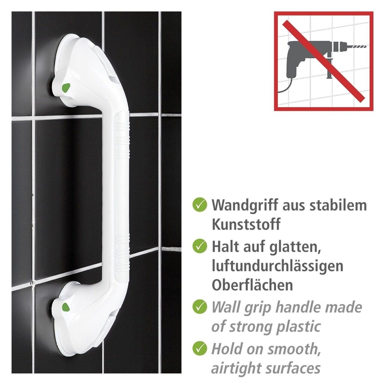 WENKO Secura Plastic Wall Handle – 64.5 Cm (25.4 Inch) Safety Grip Bar, White
