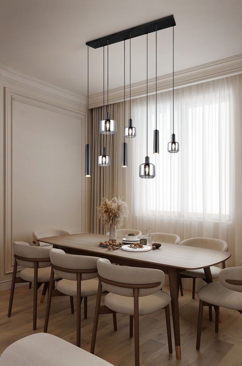 Lustra Mataro, TRIO, 118x34x150 cm, 10W / 10W, 2x E27 / 3x E14 / 3x GU10, metal, negru mat/argintiu