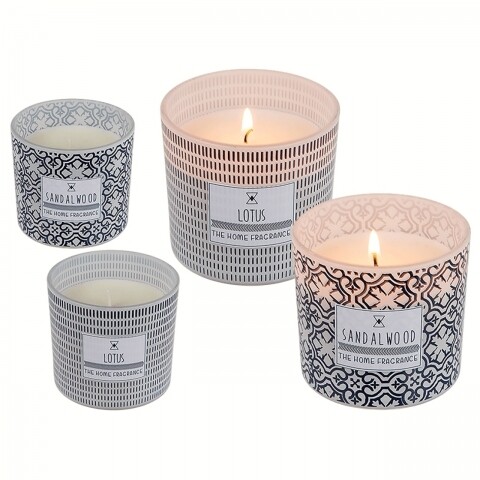 Set 2 lumanari parfumate in suport de sticla Lotus si Lemn de santal, 7.5 cm x 8 cm, parafina/sticla, alb/negru