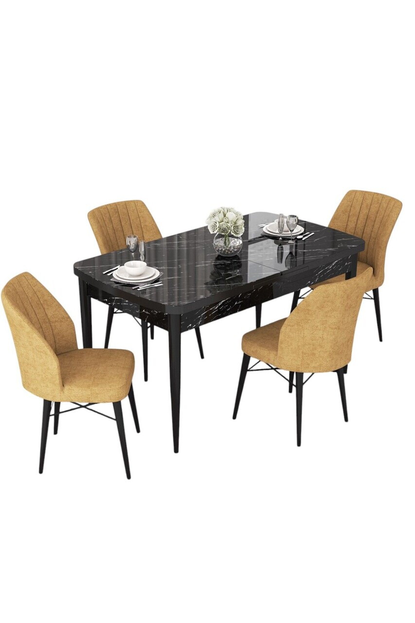 Set masa extensibila si scaune (5 piese), Hanah Home, Nef, Model de marmură neagră / Cappuccino — imaginea 2