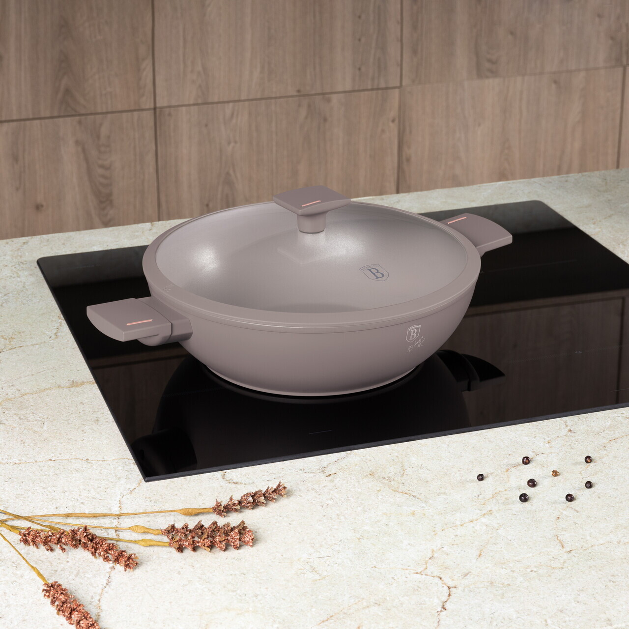 Tigaie Wok cu capac Berlinger Haus, Taupe, 30 cm, aluminiu forjat, taupe mat - imagine 2