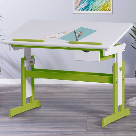 Birou pentru copii Pijii, Inter Link, 109x55x63-96 cm, lemn, alb/verde