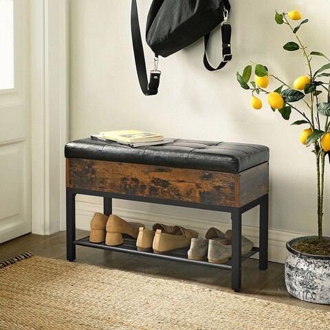 Bancheta cu pantofar si sezut tapitat, Vasagle, 70x30x45 cm, PAL/otel/piele ecologica, maro rustic