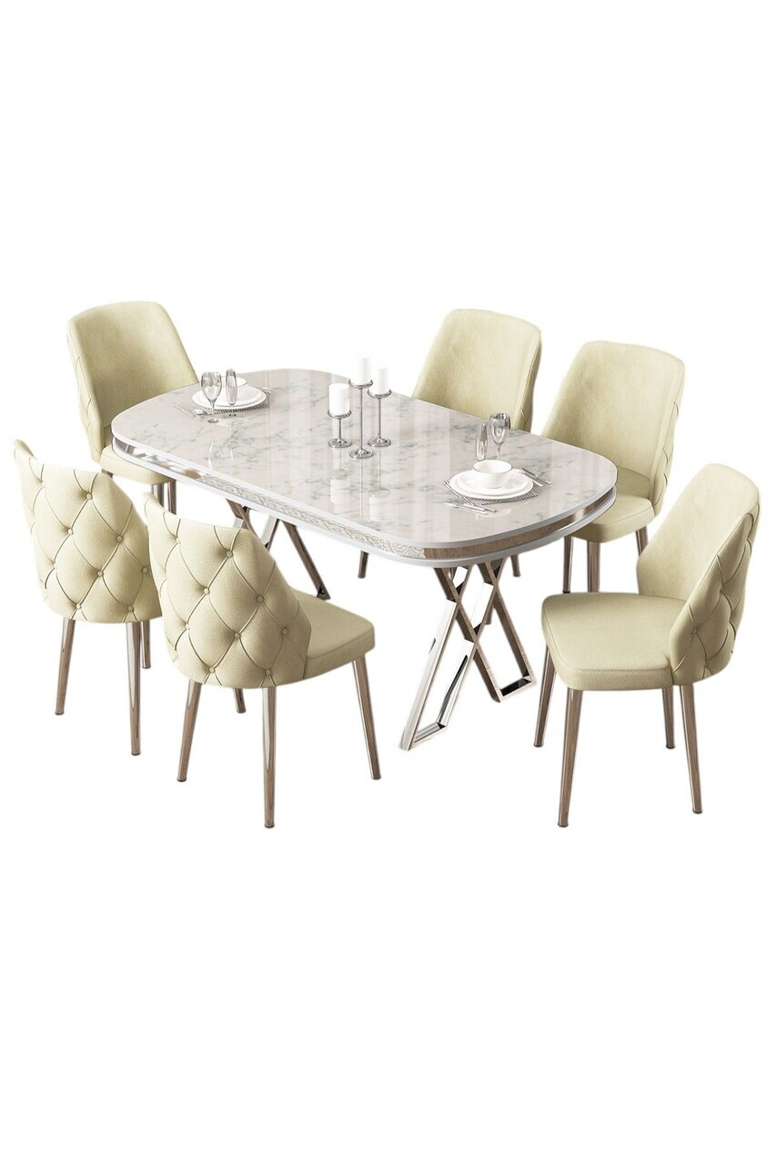 Set masa si scaune (7 piese), Hanah Home, Afe, Model de marmură albă / Crom / Crem — imaginea 2