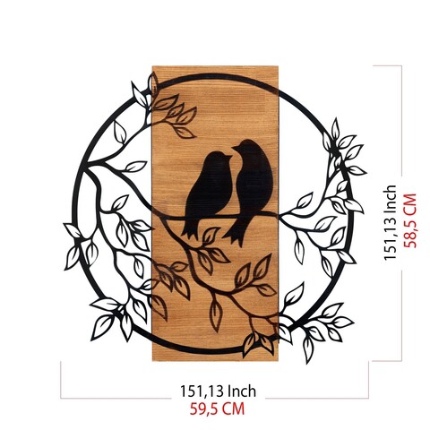 Decoratiune de perete, Birds İn Love 1, Metal, Cadru: 100% LEMN (grosime: 3 cm), Nuc negru