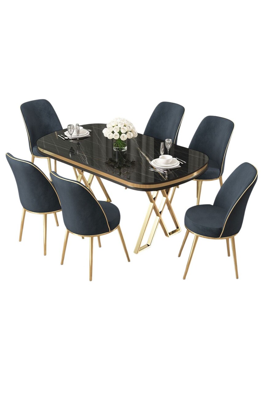 Set masă și scaune (7 piese), Hanah Home, Lai, Marmură neagră / Auriu / Antracit - imagine 2