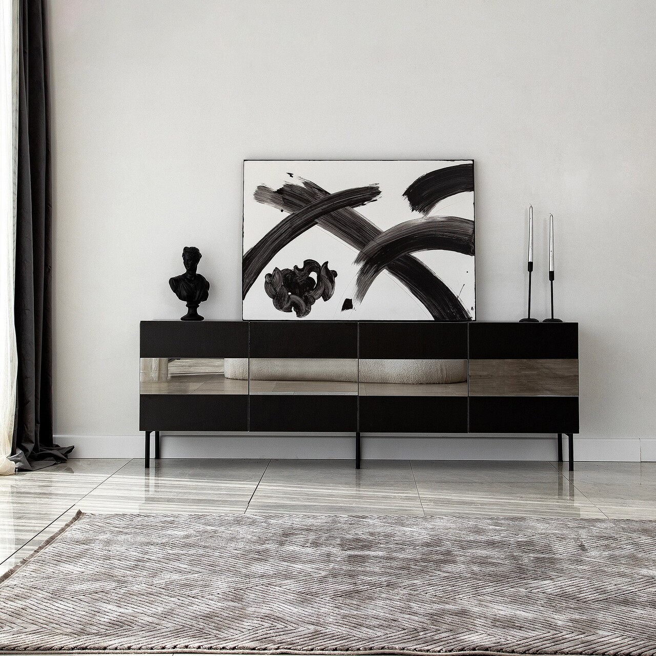 Comoda TV, Neostill, Leon, 180x59x35 cm, PAL, Negru / Fume - 1 | YEO