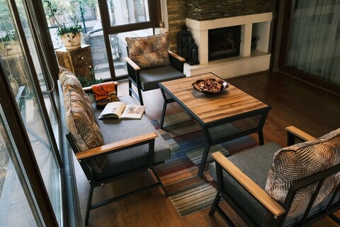 Set mobilier de gradina, valovi, mers, metal, negru / lemn / gri