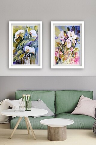 Set 2 tablouri decorative flower with frame white, tablo center, 34x44 cm, mdf, multicolor