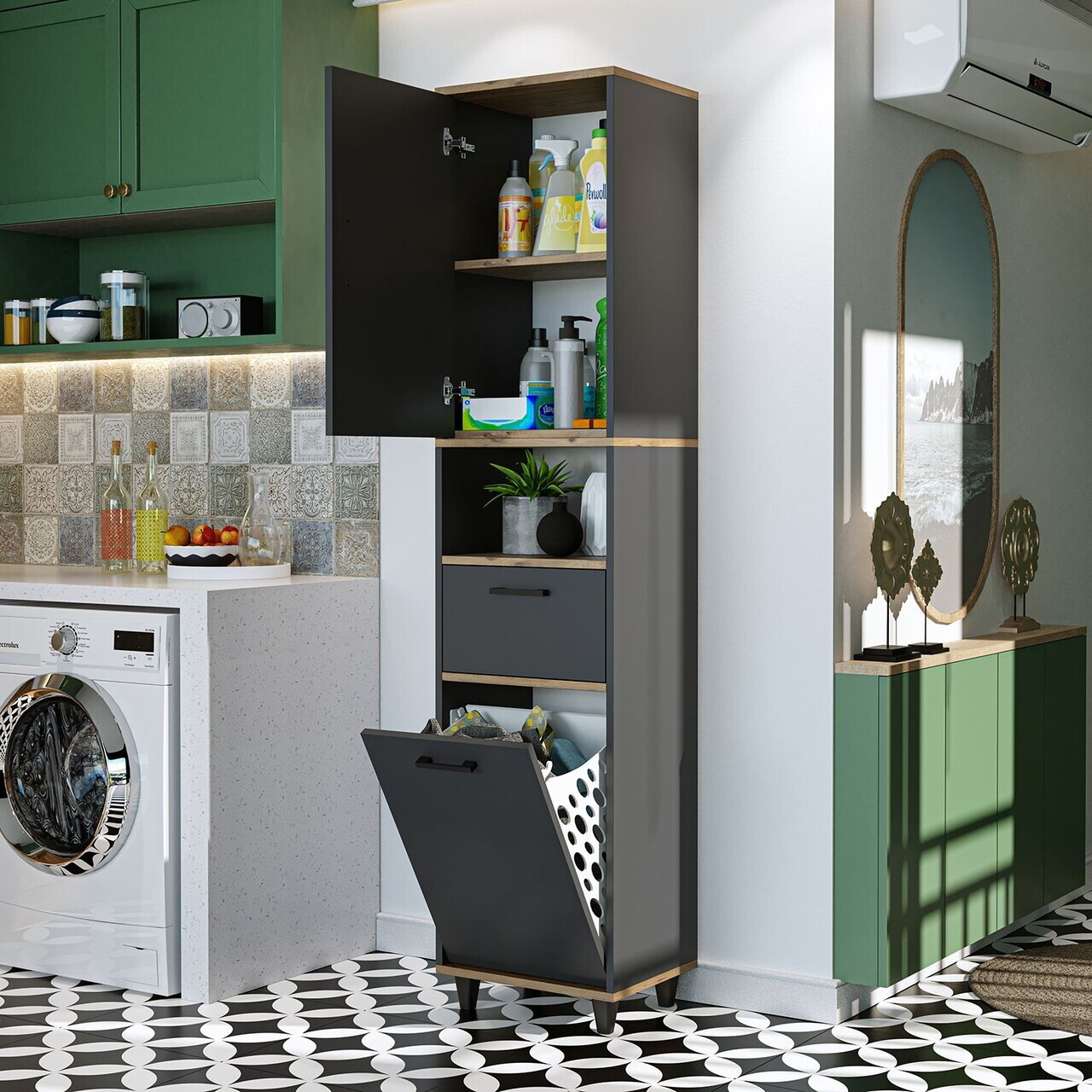 Dulap multifunctional, Hanah Home, 2533, 45x200x35 cm, PAL MELAMINAT, Antracit / Pin Atlantic — imaginea 3