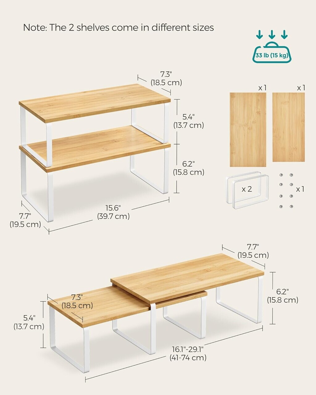Set 2 organizatoare dulap bucatarie, Songmics, 39.7x19.5x15.8 cm, metal/lemn, alb/bej - imagine 4