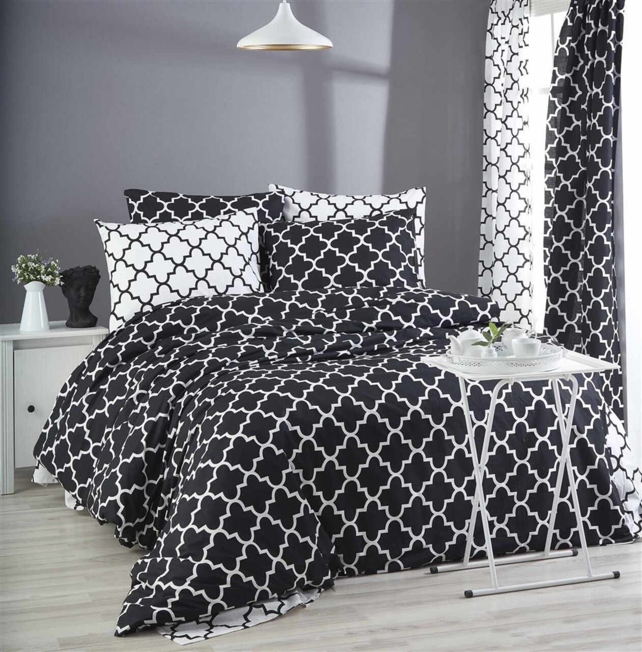 Lenjerie de pat dubla Super King (FR) L'essentiel Maison Madalyon Alb/Negru