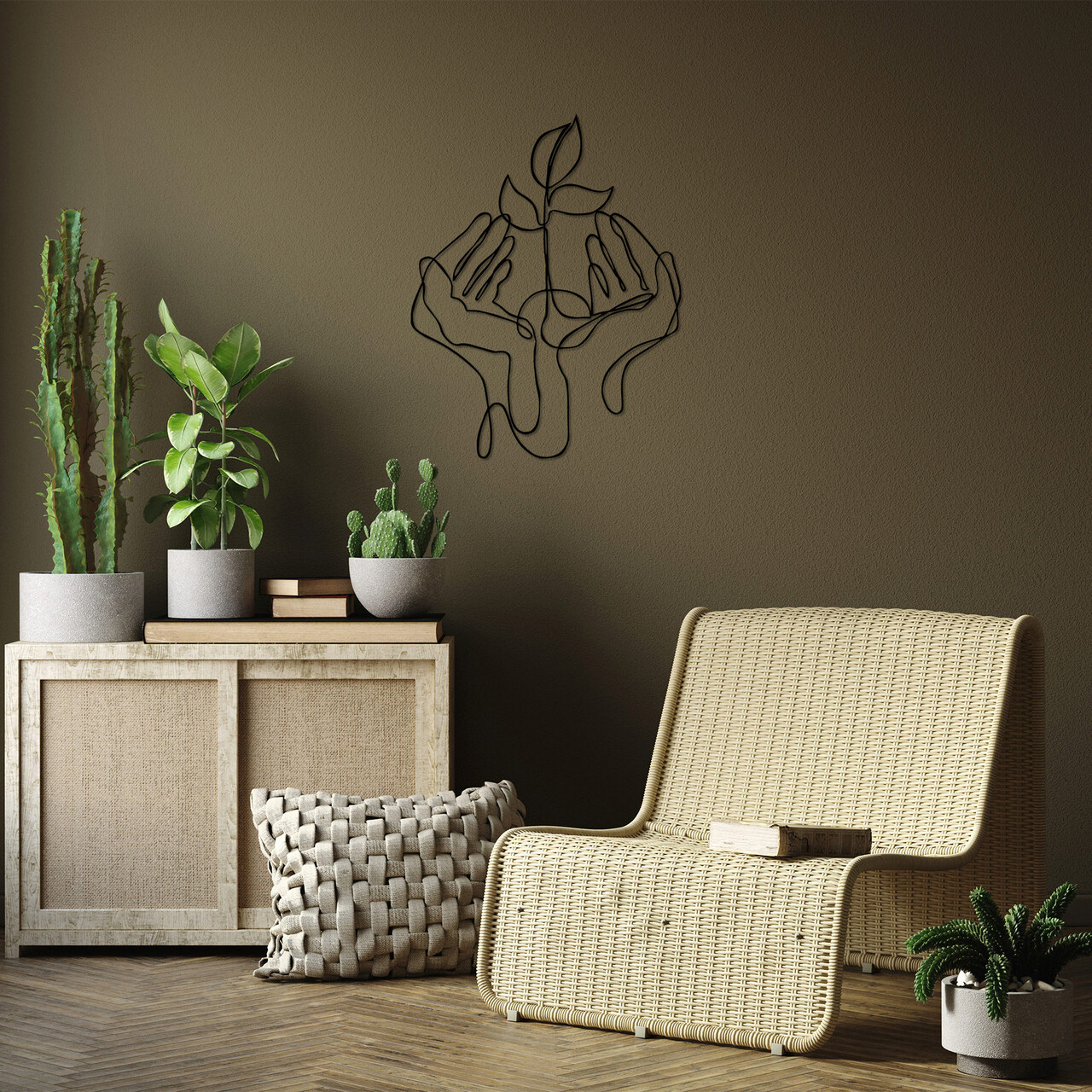 Decoratiune de perete, Sprout Greening in My Palm, Metal, Dimensiune: 53 x 68 cm, Negru - 1 | YEO