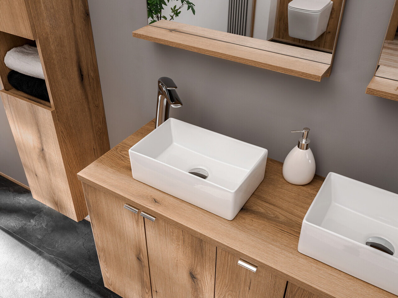 Set mobilier baie Nova Coast Evoke Gaja 50 cm, dulap inalt si masca cu lavoar, Comad, MDF/PAL, stejar - view 4