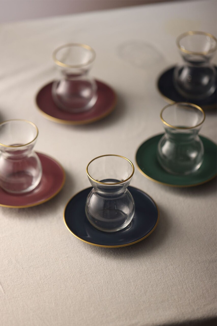 Set de pahare pentru ceai (12 bucăți), L'essentiel Maison, 127RKL1203, Farfurie: 12 x 12 x 1,7 cm (6 bucăți), Transparent / Auriu / Albastru închis / Vișiniu / Verde - view 3