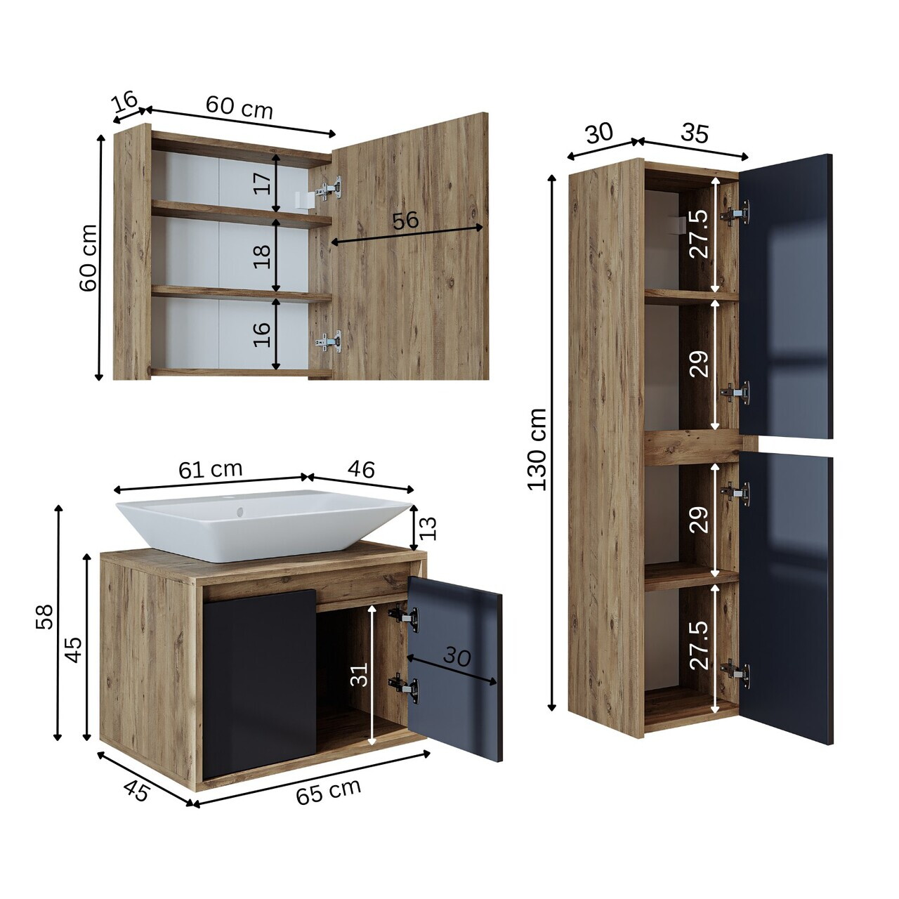 Set Dulap de Baie cu Chiuvetă și Oglindă (3 Piese), Hanah Home, 1702, MDF-LAM, Pin Atlantic / Antracit — imaginea 7