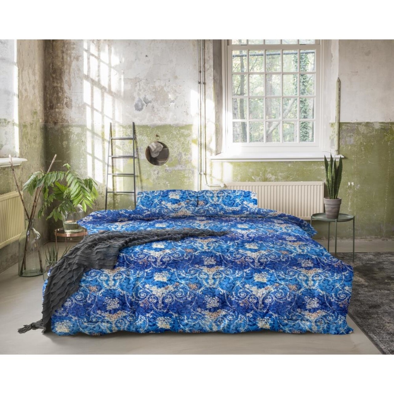 Lenjerie De Pat Pentru Doua Persoane, Royal Textile, Primaviera Deluxe Jane Blue, 3 Piese, 100% Bumbac Satinat, Multicolor