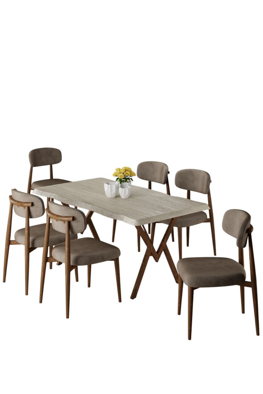 Set masa si scaune (7 piese), Hanah Home, Zerra, Travertin / Aspect de lemn / Cappuccino — imaginea 2