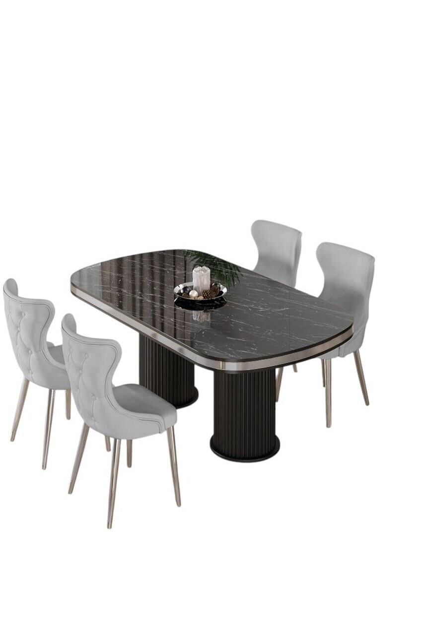 Set masa si scaune (5 piese), Hanah Home, Galya, Model de marmură neagră / Crom / Gri — imaginea 2