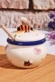 Borcan cu capac si lingura pentru miere, Kosova, White Blue Orange, ceramica, 14 cm