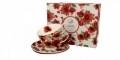 Set 2 cesti cu farfurie Lina, Duo, 200 ml, portelan, alb/rosu
