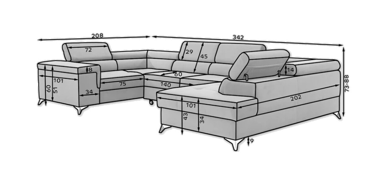 Coltar extensibil dreapta 6 locuri ELTAP, Th-12, Thiago, 342x208x88 cm, lemn/poliester, maro deschis
