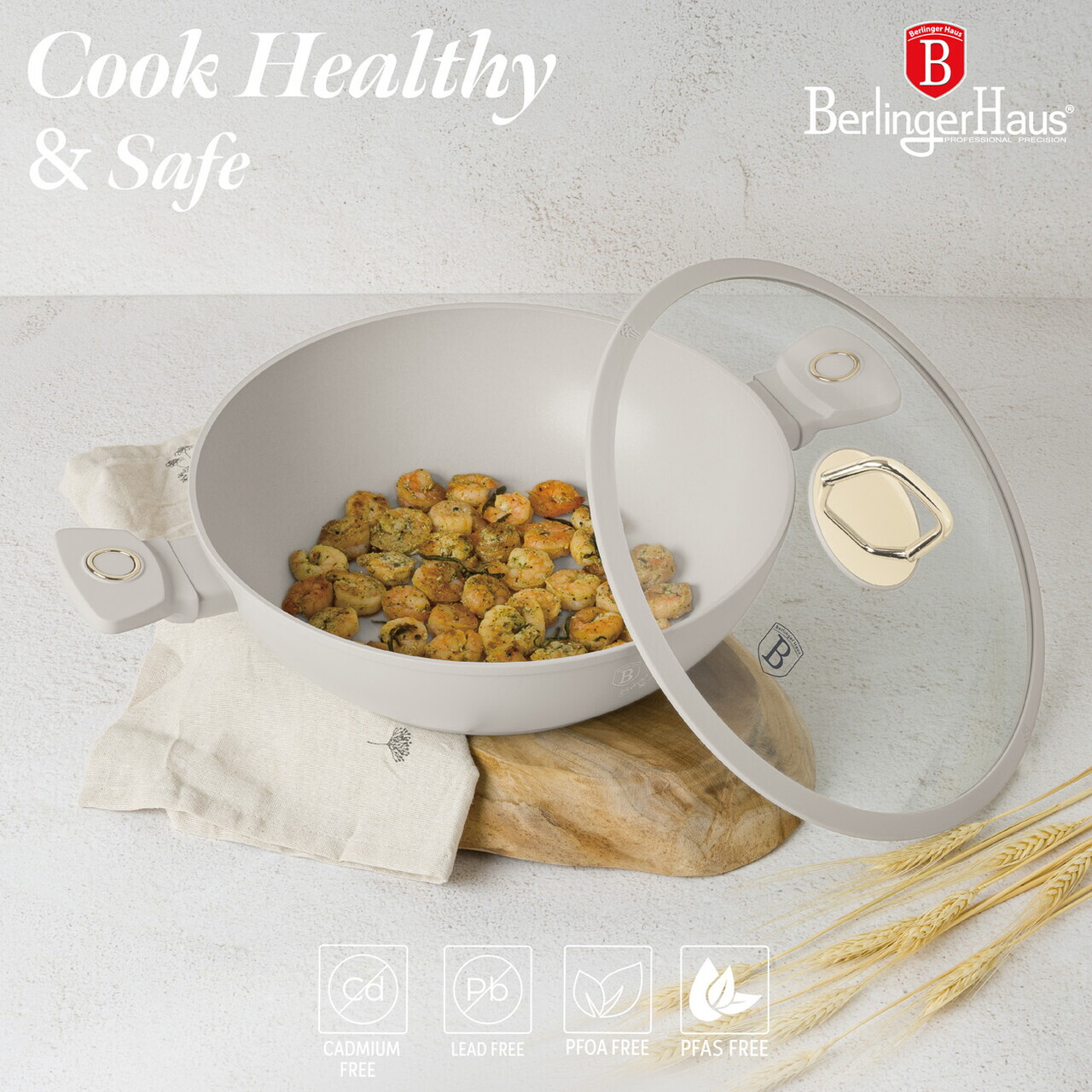 Tigaie Wok cu capac Berlinger Haus, Sahara, 30 cm, aluminiu forjat, crem mat - imagine 13