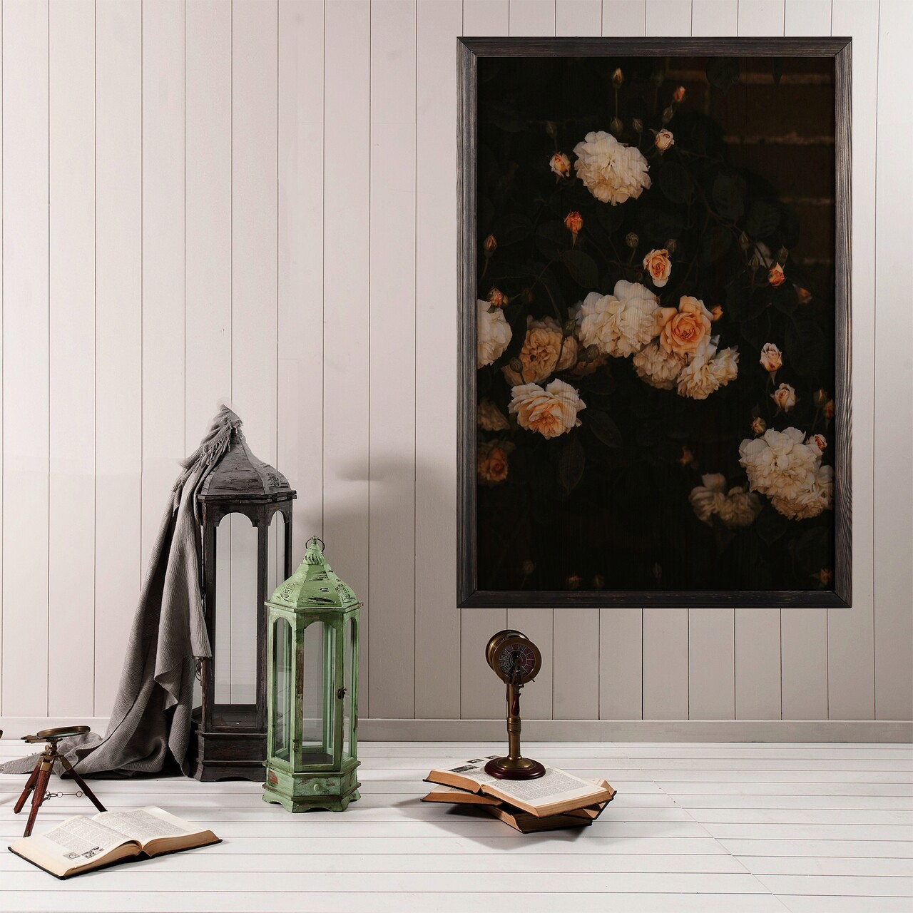 Tablou decorativ, White Flowers, Lemn, Lemn, Multicolor